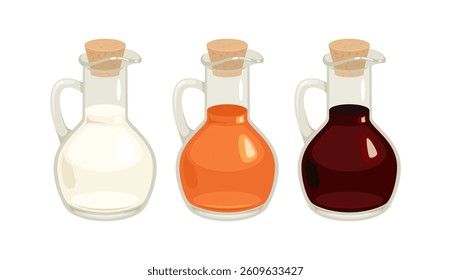 Balsamic vinegar, white vinegar and apple cider in glass bottles isolated on white background. Vector cartoon flat illustration.