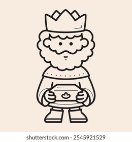 Balthazar magi wise king full body cute character with crown, hands holding a gold box, tunic wear, curly hair and beard, shoes and happy mood vector outline icon