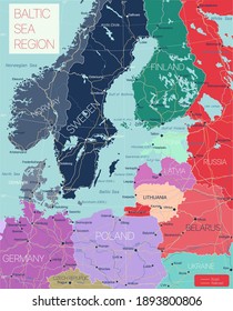 Baltic region detailed editable map with cities and towns, roads and railways. Vector EPS-10 file