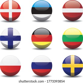 Baltic Rim countries national circle button flags background texture. Region, country 3d vector illustration symbol.
