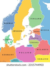 Baltic Sea area, colored countries, political map, with national borders and English names. Countries along the coast of the Baltic Sea, with surrounding countries in Europe. Isolated illustration.