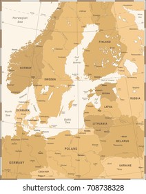 Baltic Sea Area Map - Vintage Detailed Vector Illustration