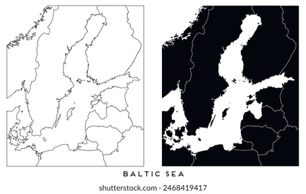 Baltic Sea map of city regions districts vector black on white and outline