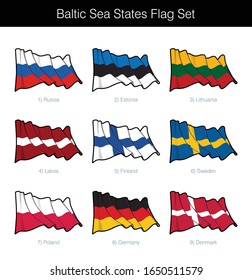 Baltic Sea States Waving Flag Set. The set includes the flags of Russia, Estonia, Lithuania, Latvia, Finland, Sweden, Poland, Germany and Denmark. Vector Icons all elements neatly on Layers and Groups