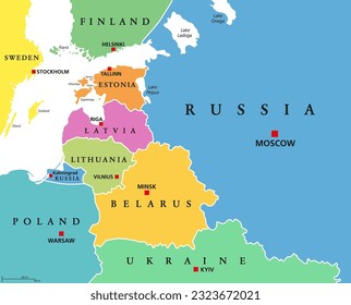 Baltic States, colored countries, political map. From Finland to Estonia, Latvia and Lithuania to Poland, and from the Russian exclave Kaliningrad Oblast, to Belarus and the European Part of Russia.