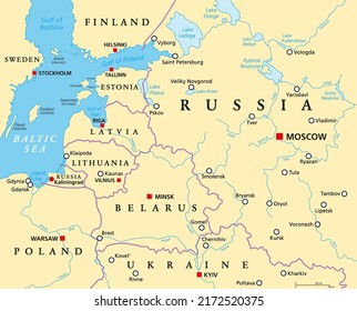 Baltic States and Kaliningrad, political map. From Finland to Estonia, Latvia and Lithuania, to Poland, and from the Russian exclave Kaliningrad Oblast, to Belarus, and to the European Part of Russia.