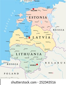 Baltic States Political Map. Estonia, Latvia and Lithuania with capitals Tallinn, Riga and Vilnius. With national borders, important cities, rivers and lakes. English labeling and scaling.