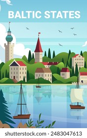 Baltic States scenic coastal town illustration with historic buildings lush green hills calm blue waters sailboats birds in sky travel concept design elements