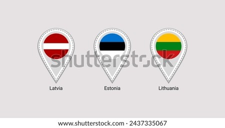 The Baltics flags map pins isolated icons vector illustration. Lithuania, Estonia, Latvia national symbols stickers collection. Baltic states location point, signs shapes. Isolated markers badges