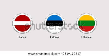 The Baltics flags rounded isolated icons vector illustration. Lithuania, Estonia, Latvia national symbols stickers collection. Baltic states round emblems signs. Isolated markers badges.