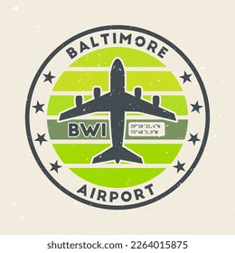 Baltimore airport insignia. Round badge with vintage stripes, airplane shape, airport IATA code and GPS coordinates. Elegant vector illustration.