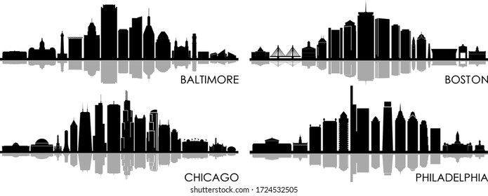 BALTIMORE CHICAGO BOSTON PHILADELPHIA City Skyline Silhouette Cityscape Vector