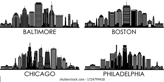 BALTIMORE CHICAGO BOSTON PHILADELPHIA City Skyline Silhouette Cityscape Vector