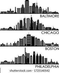 BALTIMORE CHICAGO BOSTON PHILADELPHIA City Skyline Silhouette Cityscape Vector