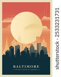 Baltimore city brutalism poster with abstract skyline, cityscape. USA Maryland state retro vector illustration. US travel front cover, brochure, flyer, leaflet, presentation template, layout image