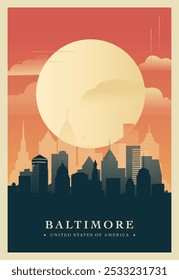 Baltimore City Brutalism Poster mit abstrakter Skyline, Stadtlandschaft. USA Maryland State Retro-Vektorgrafik. US-Reisen Frontabdeckung, Broschüre, Flyer, Broschüre, Präsentationsvorlage, Layoutbild