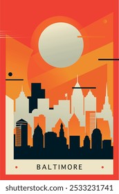 Afiche de brutalismo de la ciudad de Baltimore con horizonte abstracto, paisaje urbano. ILUSTRACIÓN VECTORIAL retro del estado de Maryland. Portada de viaje de EE.UU., folleto, folleto, folleto, Plantilla de presentación, Imagen de diseño