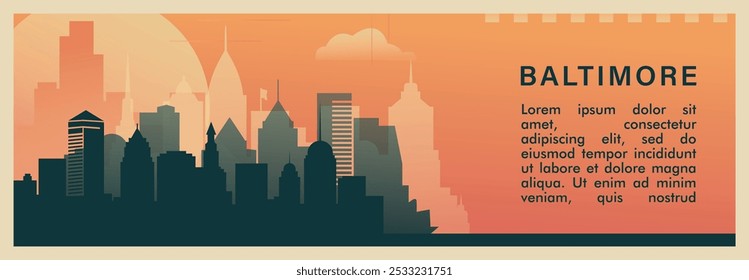 Anuncio de Vector de brutalismo de la ciudad de Baltimore con horizonte, paisaje urbano. Ilustración Horizontal retro del estado de Maryland. Estados Unidos de América diseño de viaje para presentación de Web, encabezado, pie de página