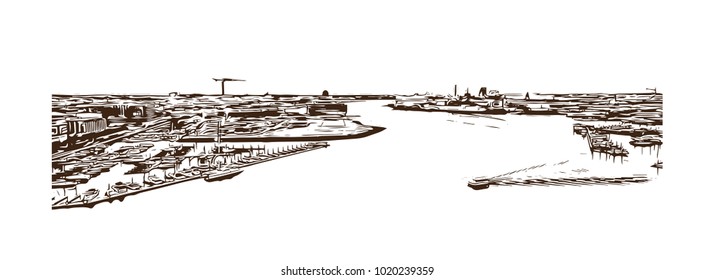 Baltimore, City in Maryland, USA. Hand drawn sketch illustration in vector.