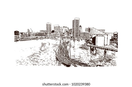Baltimore, City in Maryland, USA. Hand drawn sketch illustration in vector.