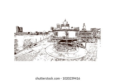 Baltimore, City in Maryland, USA. Hand drawn sketch illustration in vector.