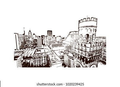 Baltimore, City in Maryland, USA. Hand drawn sketch illustration in vector.