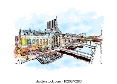 Baltimore, City in Maryland, USA. Watercolor splash with Hand drawn sketch illustration in vector.