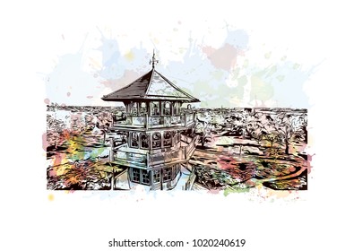 Baltimore, City in Maryland, USA. Watercolor splash with Hand drawn sketch illustration in vector.