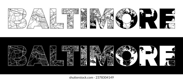 Baltimore City Name (Vereinigte Staaten, Nordamerika) mit schwarz-weißer Stadtplan-Vektorgrafik