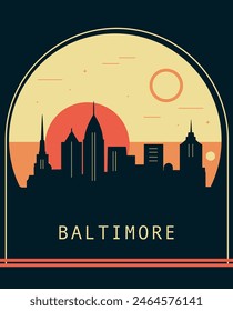 Baltimore City Retro-Stil Poster mit Skyline, Stadtbild. Vereinigte Staaten Maryland State Vintage Vektorillustration. US Frontabdeckung, Broschüre, Flyer, Faltblatt Vorlage, Layout Bild