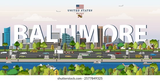 Baltimore city skyline colorful vector illustration. Travel poster