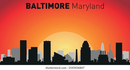 Horizonte de la ciudad de Baltimore con siluetas de edificios con el telón de fondo de un Grande sol amarillo y cielo naranja. Vector en el fondo de la puesta del sol