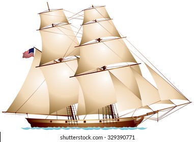 Baltimore Clipper American Flag Sailboat realistic vector illustration