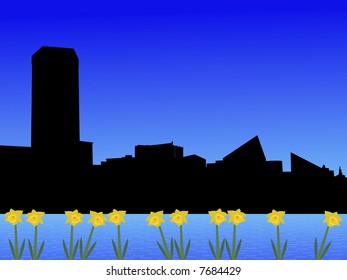 Salto do horizonte de Baltimore Inner Harbor na primavera com narcisos