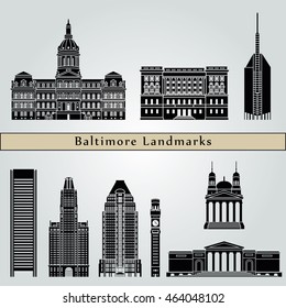 Baltimore landmarks and monuments isolated on blue background in editable vector file