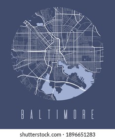 Baltimore map poster. Decorative design street map of Baltimore city. Cityscape aria panorama silhouette aerial view, typography style. Land, river, avenue. Round circular vector illustration.