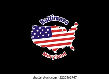 Baltimore. Map of the United States of America with the national flag of the United States isolated on a white background. Vector illustration.