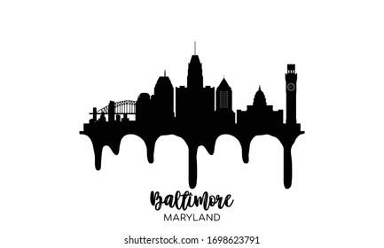 Baltimore Maryland black skyline silhouette vector illustration on white background with dripping ink effect.