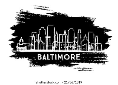 Baltimore Maryland City Skyline Silhouette. Hand Drawn Sketch. Business Travel and Tourism Concept with Historic Architecture. Vector Illustration. Baltimore USA Cityscape with Landmarks.