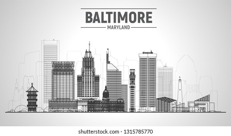 Baltimore ( Maryland ) line skyline with silhouette at white background. Vector Illustration. Business travel and tourism concept with modern buildings. 