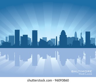 Baltimore, Maryland skyline illustration with reflection in water