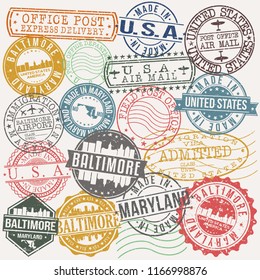 Baltimore Maryland Stamp Vector Art Postal Passport Travel Design Set.