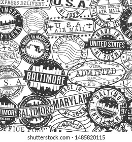 Baltimore Maryland Stamps. City Stamp Vector Art. Postal Passport Travel. Design Set Pattern.