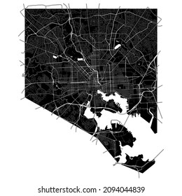 Baltimore, Maryland, United States, high resolution vector map with city boundaries, and editable paths. The city map was drawn with white areas and lines for main roads, side roads and watercourses.