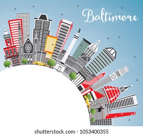 Baltimore Maryland USA City Skyline with Gray Buildings, Blue Sky and Copy Space. Vector Illustration. Business Travel and Tourism Concept with Modern Architecture. Baltimore Cityscape with Landmarks.