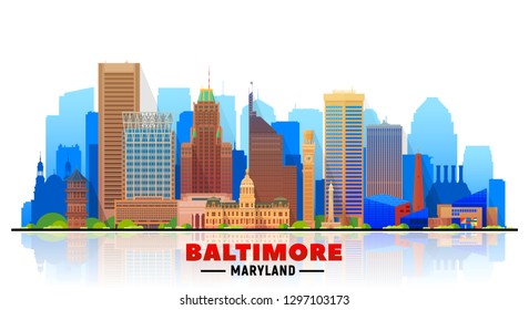 Baltimore Maryland USA skyline with panorama in white background. Vector Illustration. Business travel and tourism concept with modern buildings. Image for banner or web site.