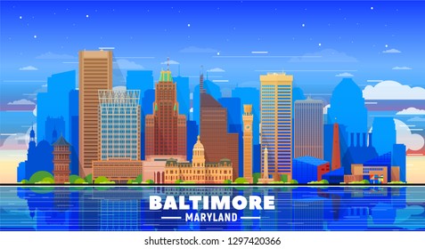 Baltimore Maryland USA skyline with panorama in sky background. Vector Illustration. Business travel and tourism concept with modern buildings. Image for banner or web site.