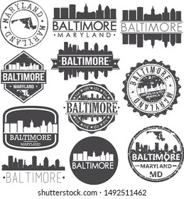 Baltimore Maryland USA Skyline Vector Art Stamps. Silhouette Emblematic Buildings.