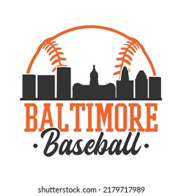 Baltimore, MD, USA Baseball Skyline City Silhouette Vector. Softball Design Style Icon Symbols. Sport America Ball.