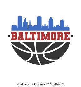 Baltimore, MD, USA Basketball Skyline City Silhouette Vector. Basket Design Style Icon Symbols. Sport America Ball.